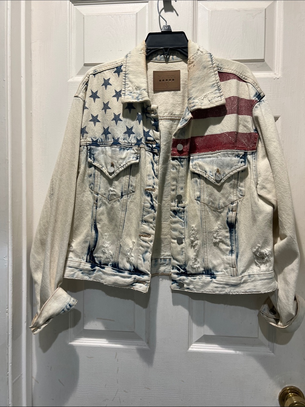 Blank NYC Cream Denim Jacket with Red & Blue Flag Print